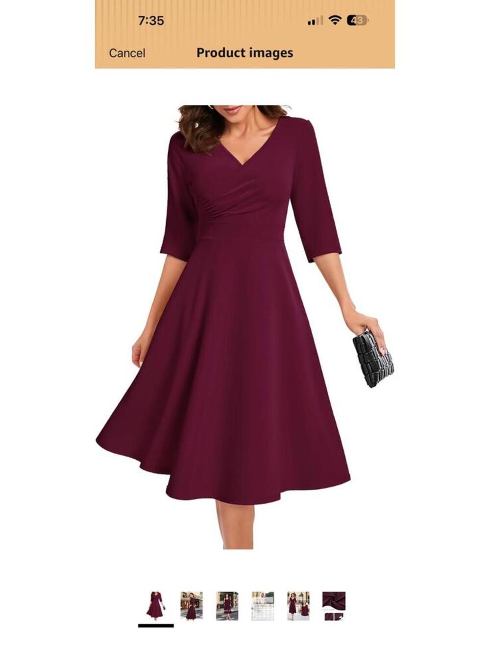 Bbonlinedress Elegant Burgundy Midi Dress with 3/4 Sleeves and V-Neck